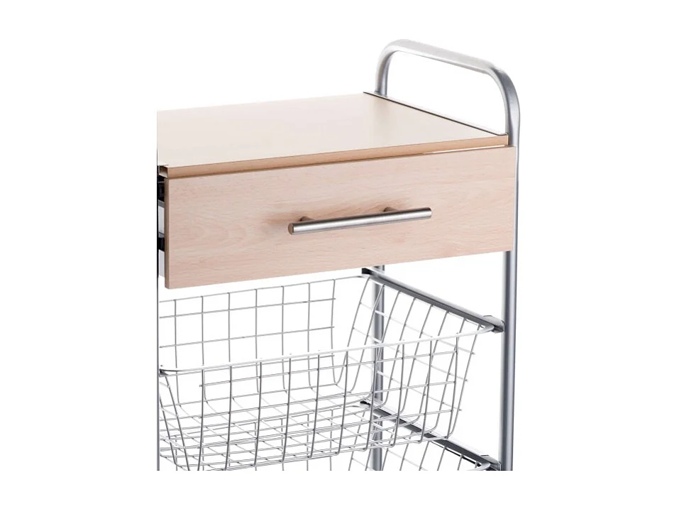 Carrito de cocina, verdulero ALESIA, 1 cajón y 3 cestas. Color Aluminio - Haya
