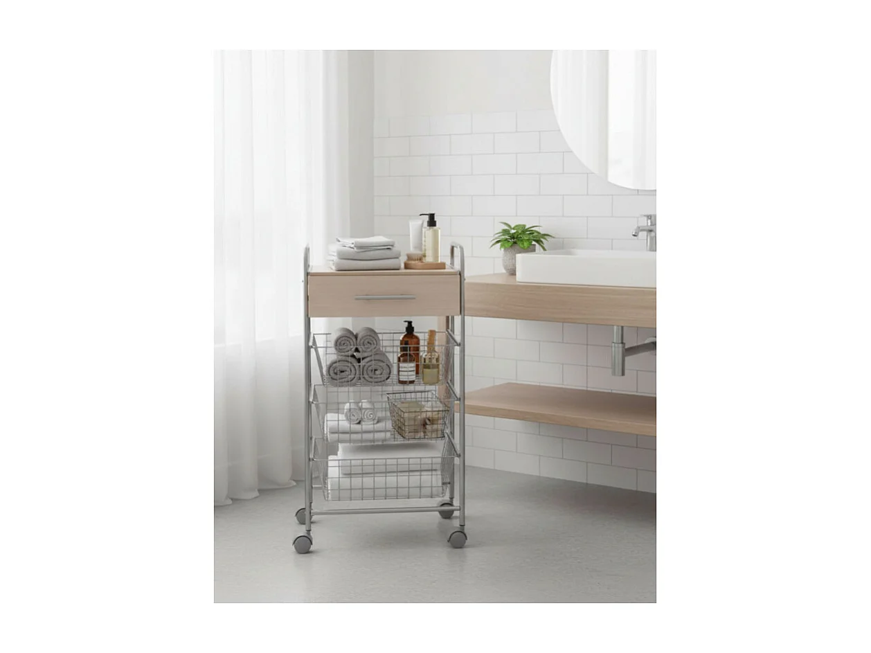 Chariot de cuisine, Desserte à roulettes, 1 tiroir et 3 paniers - Couleur Aluminium, Hêtre - 86*44*30 cm - ALESIA