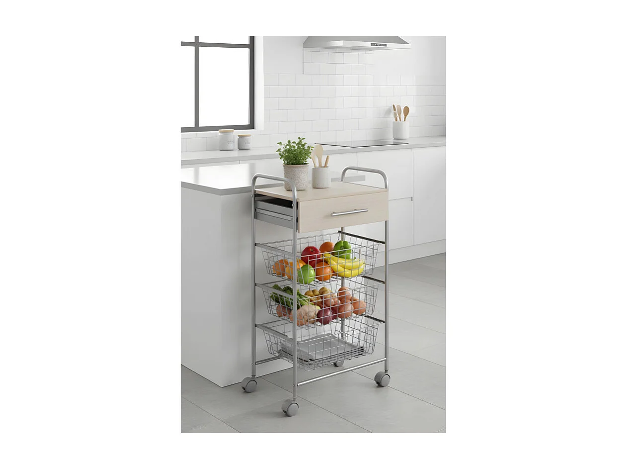 Chariot de cuisine, Desserte à roulettes, 1 tiroir et 3 paniers - Couleur Aluminium, Hêtre - 86*44*30 cm - ALESIA