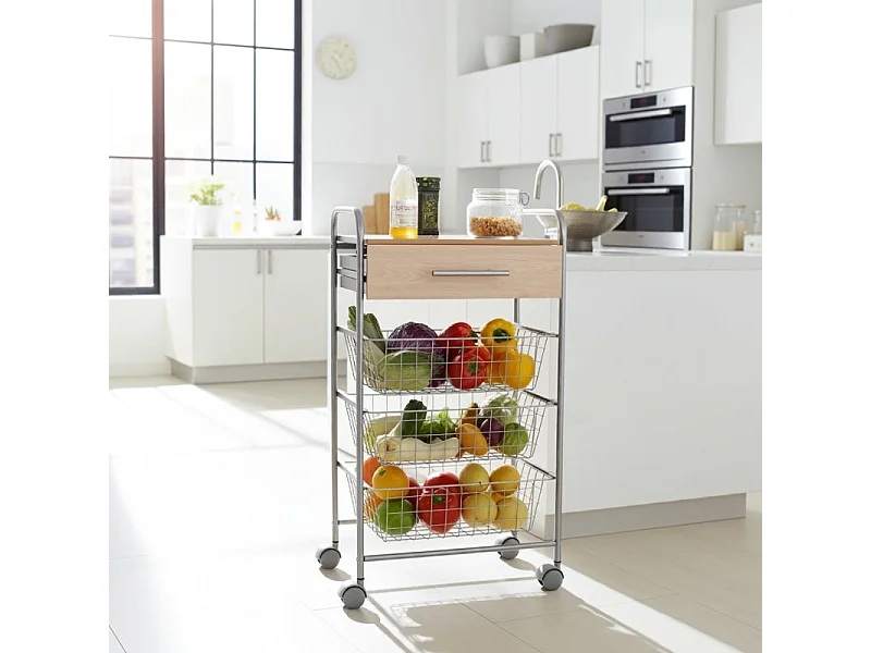 Carrito de cocina ALESIA – 3 cestas, 1 cajón y encimera color haya en acabado gris aluminio