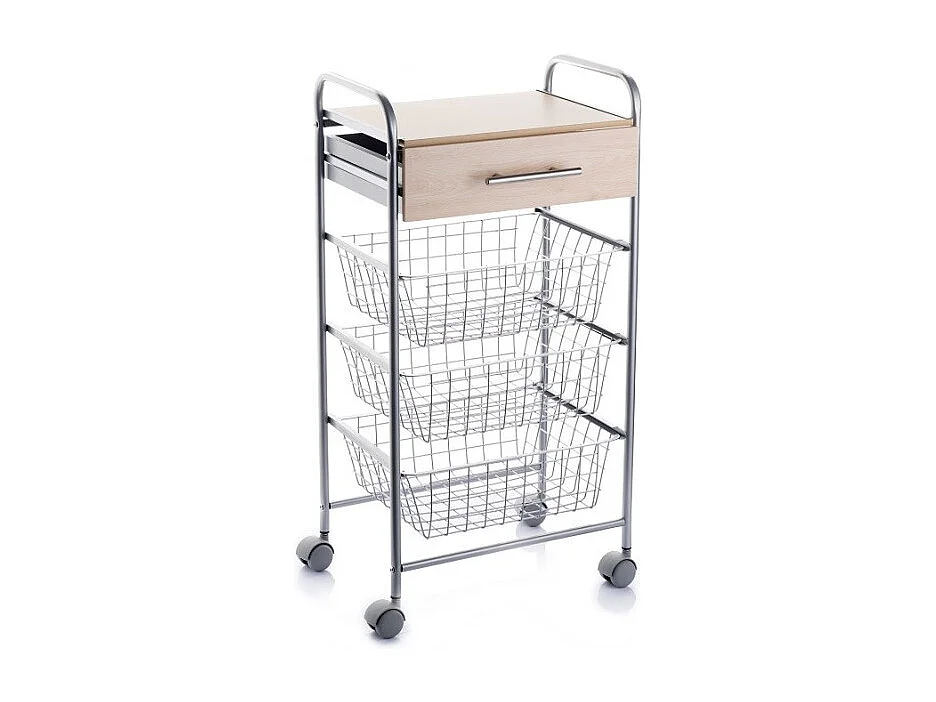 Carrito de cocina ALESIA – 3 cestas, 1 cajón y encimera color haya en acabado gris aluminio