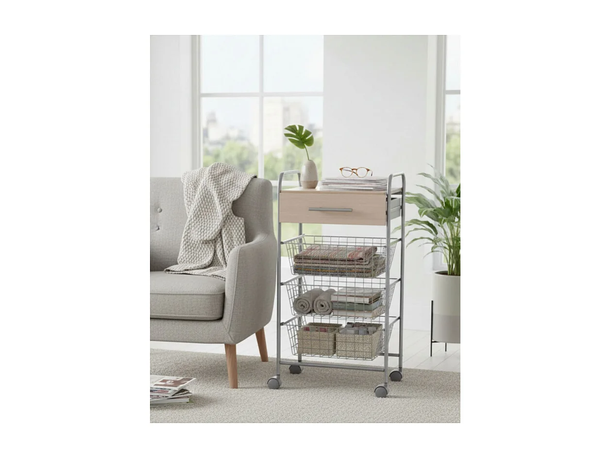 Carrito de cocina ALESIA – 3 cestas, 1 cajón y encimera color haya en acabado gris aluminio