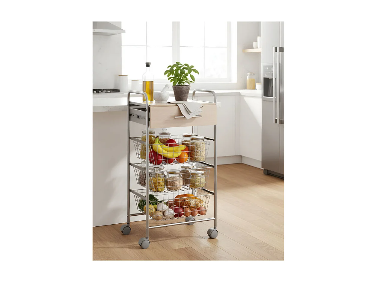 Carrito de cocina ALESIA – 3 cestas, 1 cajón y encimera color haya en acabado gris aluminio