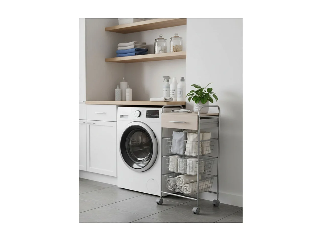 Carrito de cocina ALESIA – 3 cestas, 1 cajón y encimera color haya en acabado gris aluminio