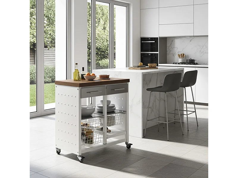 Küchenwagen / Beistelltisch - Farbe Weiß, Edelstahl, Kirschholz - 84*71*43 cm - EKO