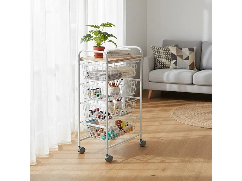 Chariot de cuisine, chariot de rangement - 4 paniers de grande capacité - Hêtre blanc - 86*44*30 cm - FIESTA