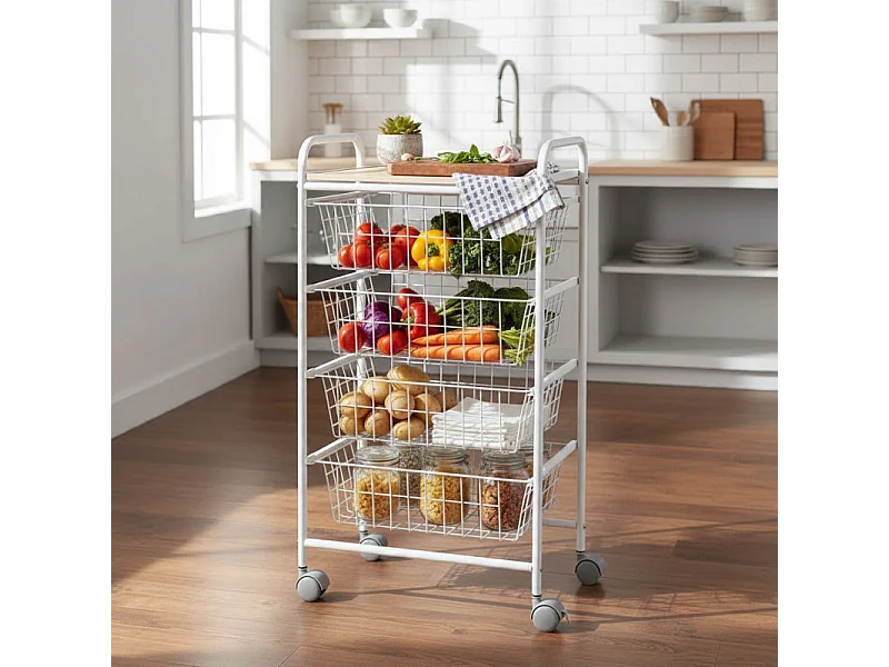 Küchenwagen, Servierwagen Küchenwagen - 4 Großraumkörbe - Weiß-Buche - 86*44*30 cm - FIESTA