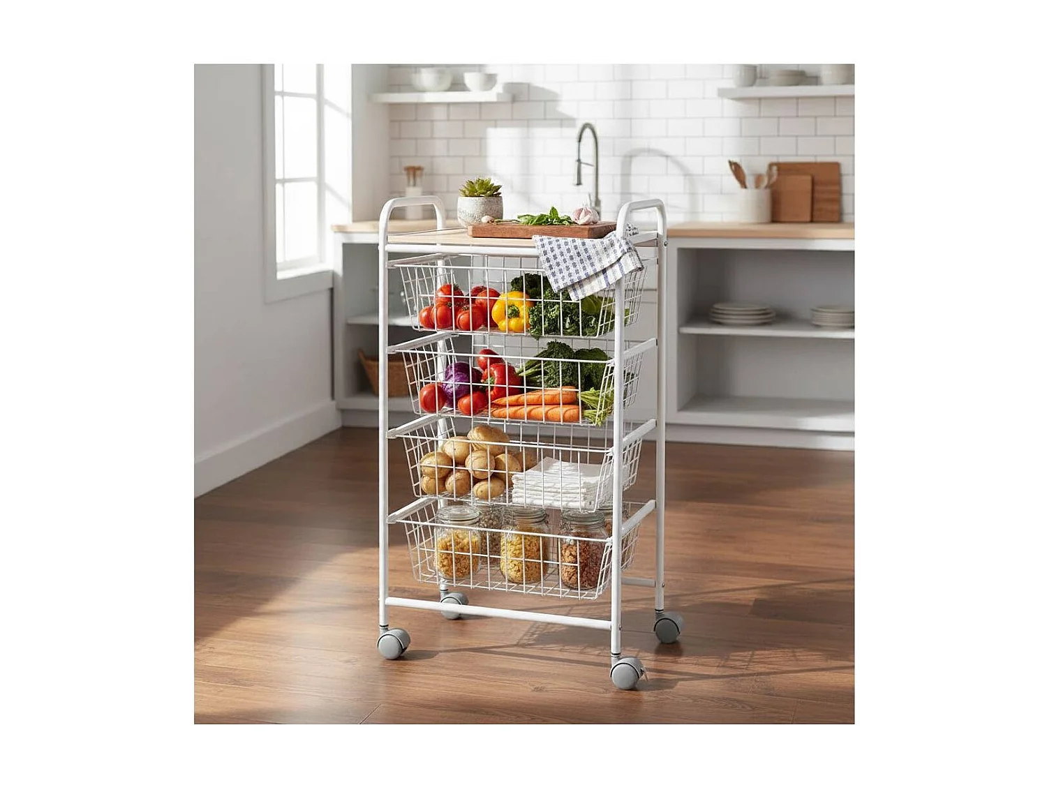 Carrello da cucina, carrello portaoggetti - 4 cestini di grande capacità - Bianco-Beech - 86*44*30 cm - FIESTA