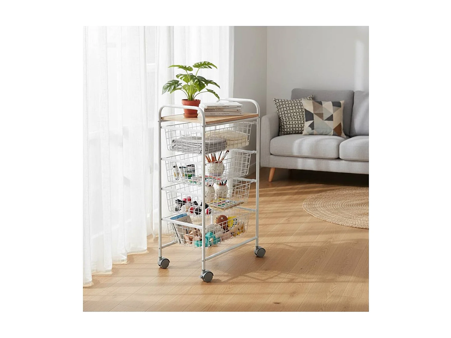 Carrello da cucina, carrello portaoggetti - 4 cestini di grande capacità - Bianco-Beech - 86*44*30 cm - FIESTA