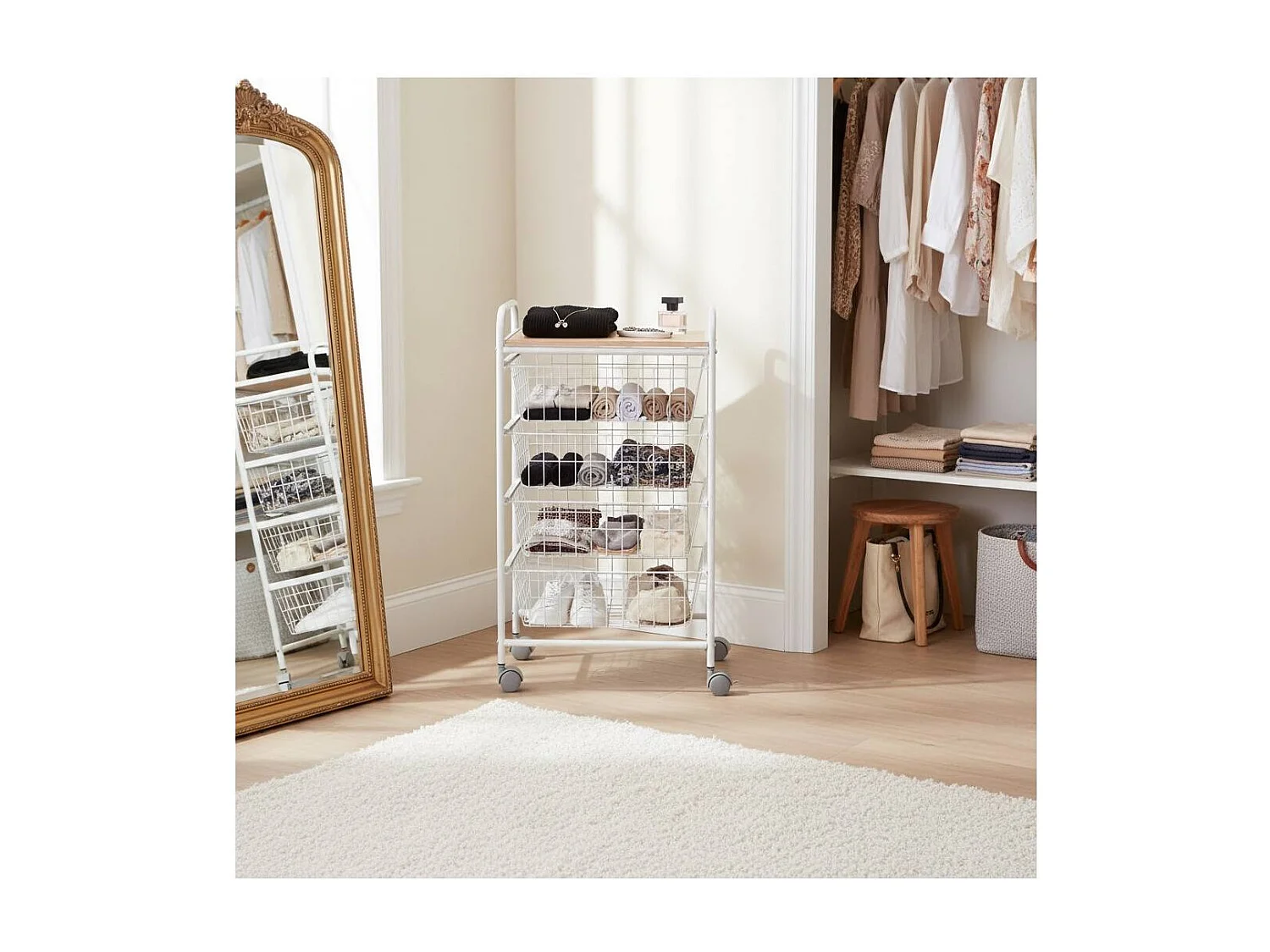 Carrello da cucina, carrello portaoggetti - 4 cestini di grande capacità - Bianco-Beech - 86*44*30 cm - FIESTA