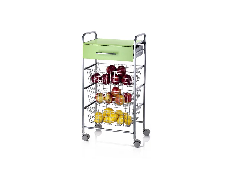 Carrito de cocina ALESIA Pistacho – 3 cestas, cajón y encimera color pistacho
