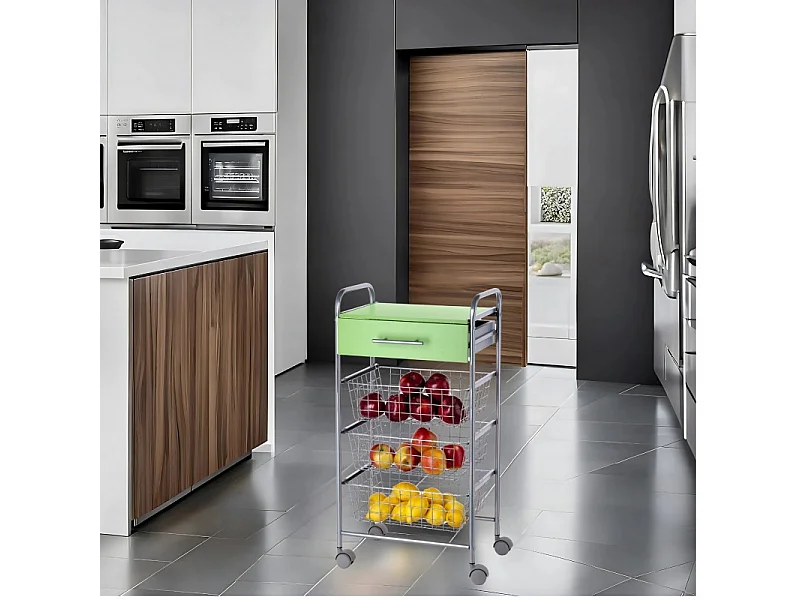 Küchenwagen, Rollwagen 5 Ebenen, Nischenregal mit Rollen - Farbe Aluminium, Grün - 86*44*30 cm - ALESIA