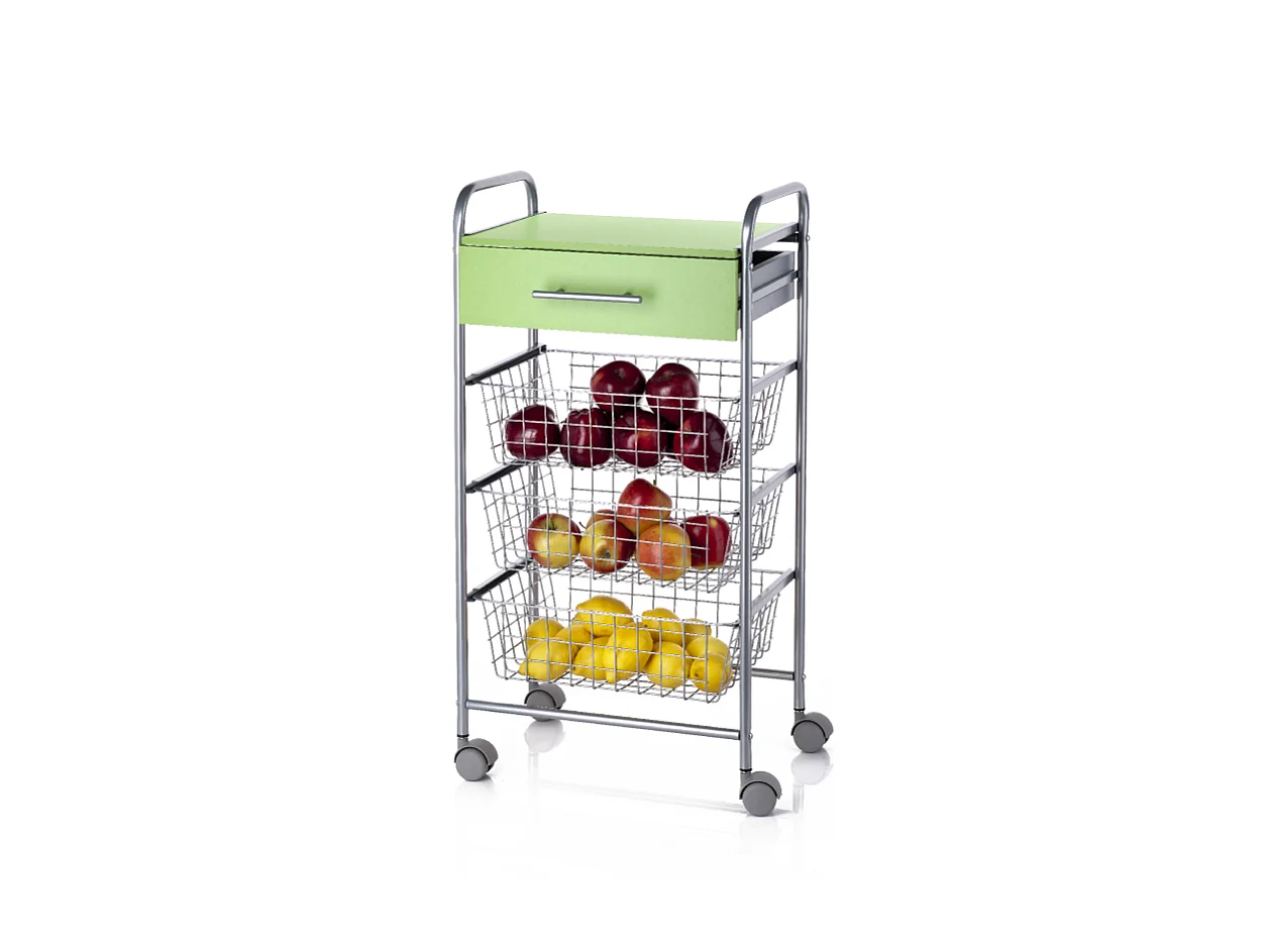 Chariot de cuisine, Desserte à roulettes, 1 tiroir et 3 paniers - Couleur Aluminium, Vert - 86*44*30 cm - ALESIA