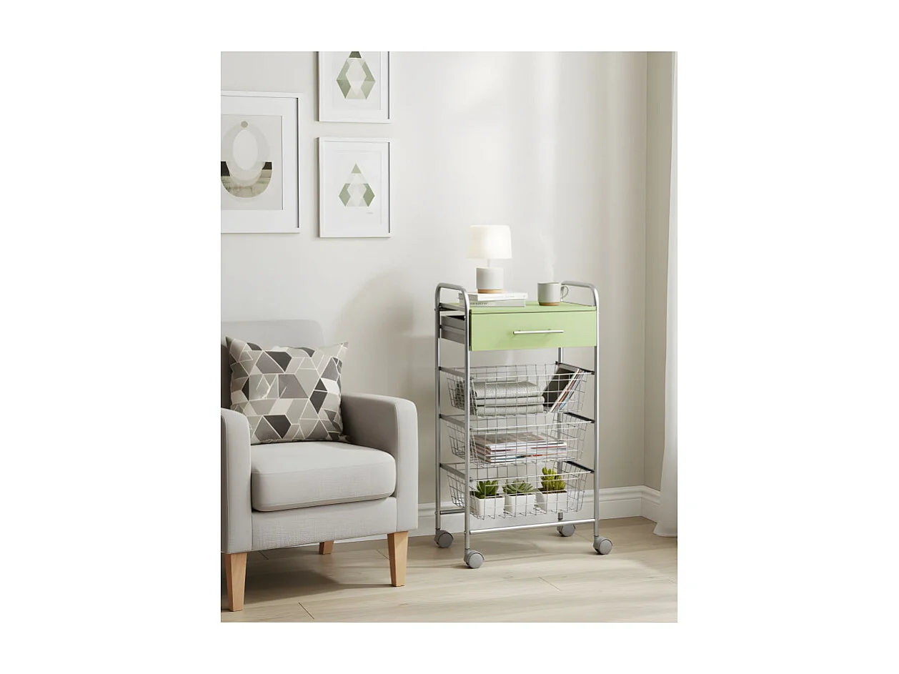 Carrito de cocina ALESIA Pistacho – 3 cestas, cajón y encimera color pistacho