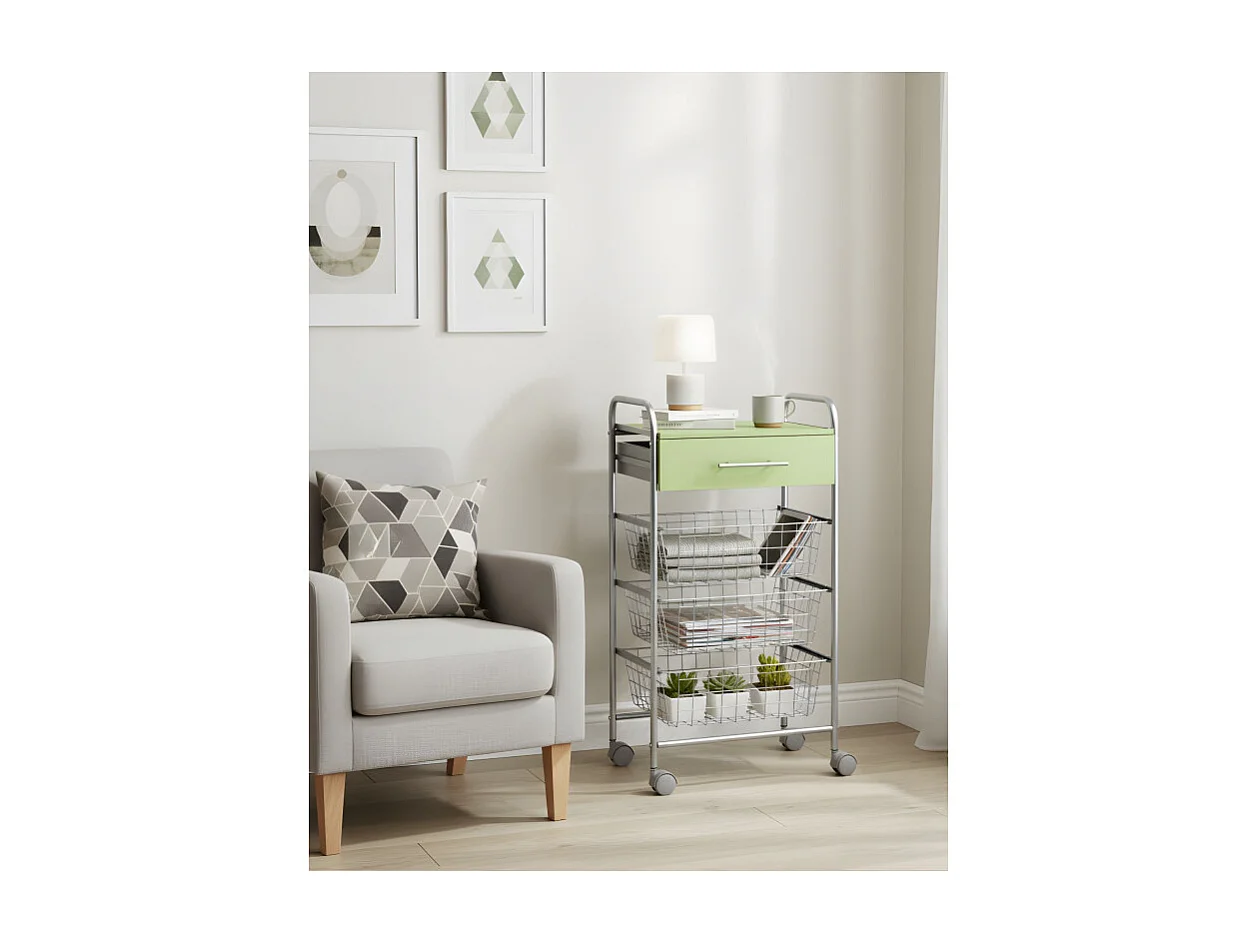 Carrito de cocina ALESIA Pistacho – 3 cestas, cajón y encimera color pistacho