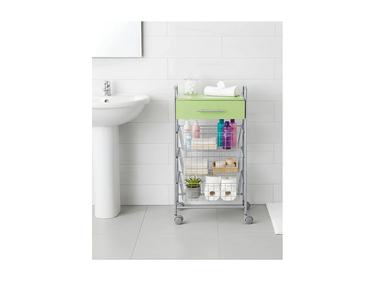 Carrito de cocina ALESIA Pistacho – 3 cestas, cajón y encimera color pistacho