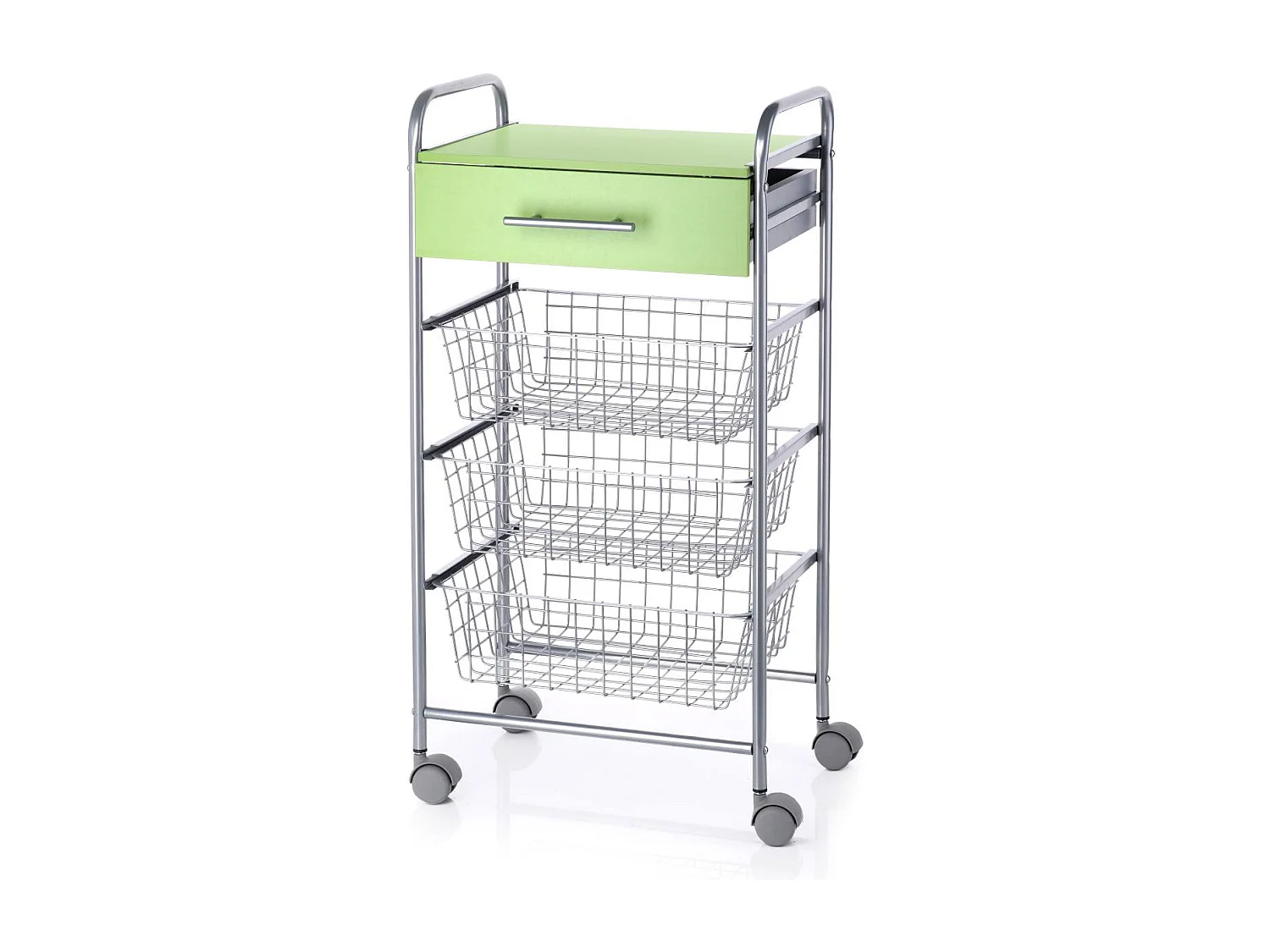 Chariot de cuisine, Desserte à roulettes, 1 tiroir et 3 paniers - Couleur Aluminium, Vert - 86*44*30 cm - ALESIA