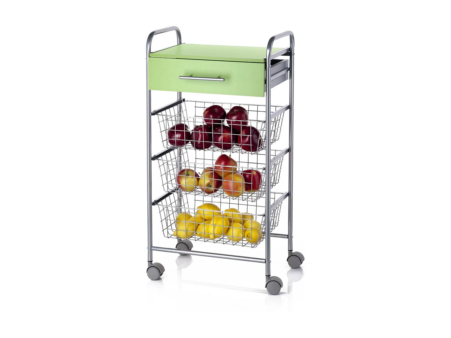 Chariot de cuisine, Desserte à roulettes, 1 tiroir et 3 paniers - Couleur Aluminium, Vert - 86*44*30 cm - ALESIA