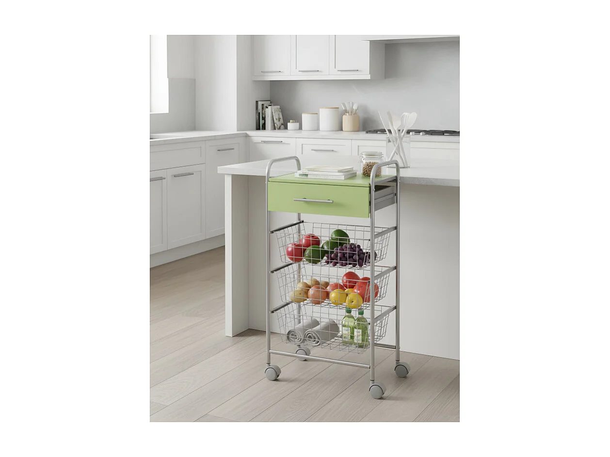 Chariot de cuisine, Desserte à roulettes, 1 tiroir et 3 paniers - Couleur Aluminium, Vert - 86*44*30 cm - ALESIA