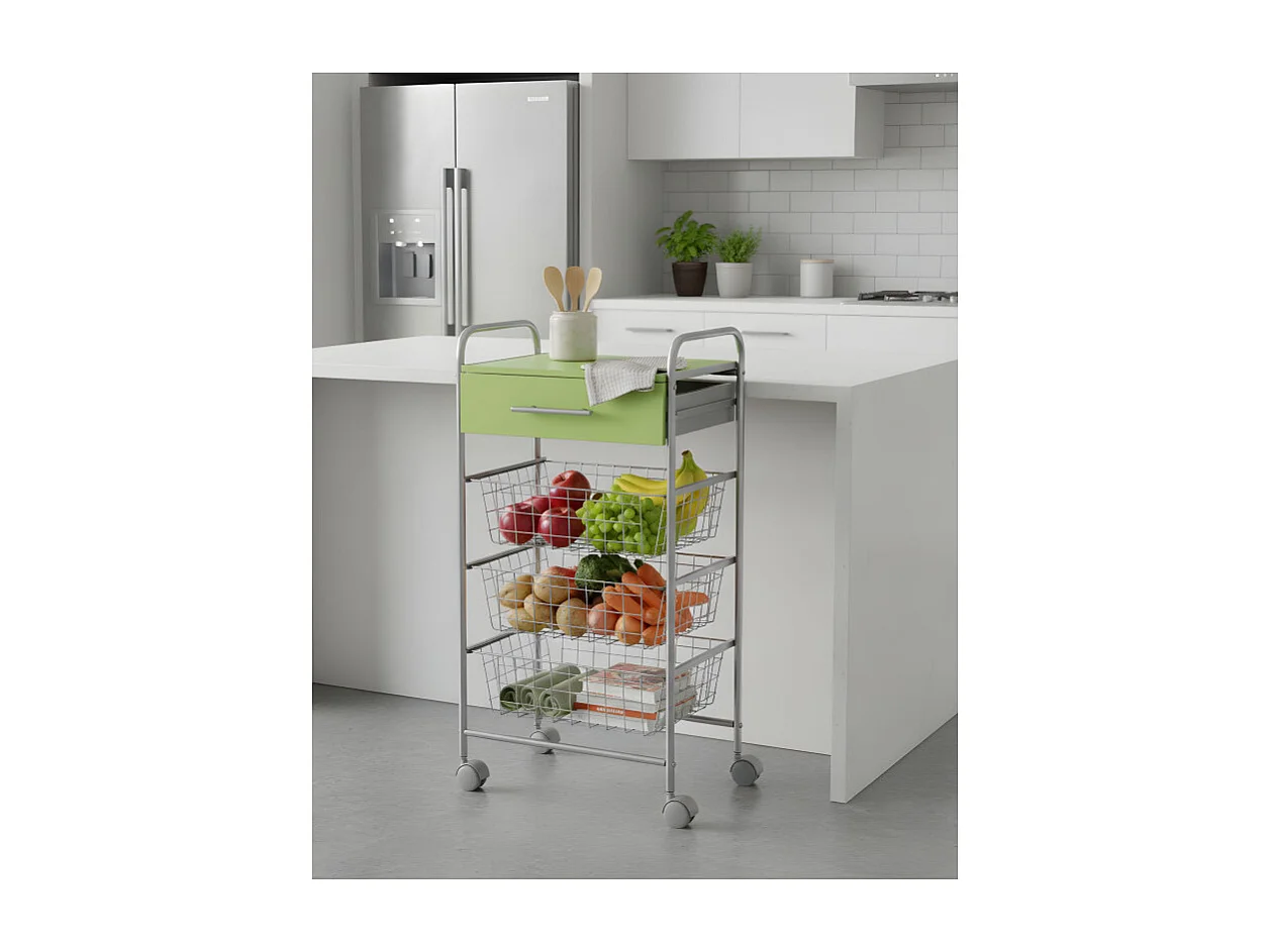 Chariot de cuisine, Desserte à roulettes, 1 tiroir et 3 paniers - Couleur Aluminium, Vert - 86*44*30 cm - ALESIA