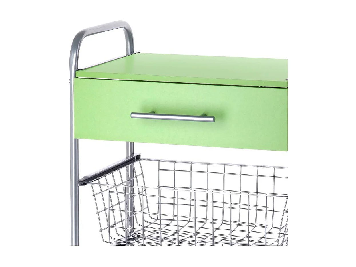 Chariot de cuisine, Desserte à roulettes, 1 tiroir et 3 paniers - Couleur Aluminium, Vert - 86*44*30 cm - ALESIA