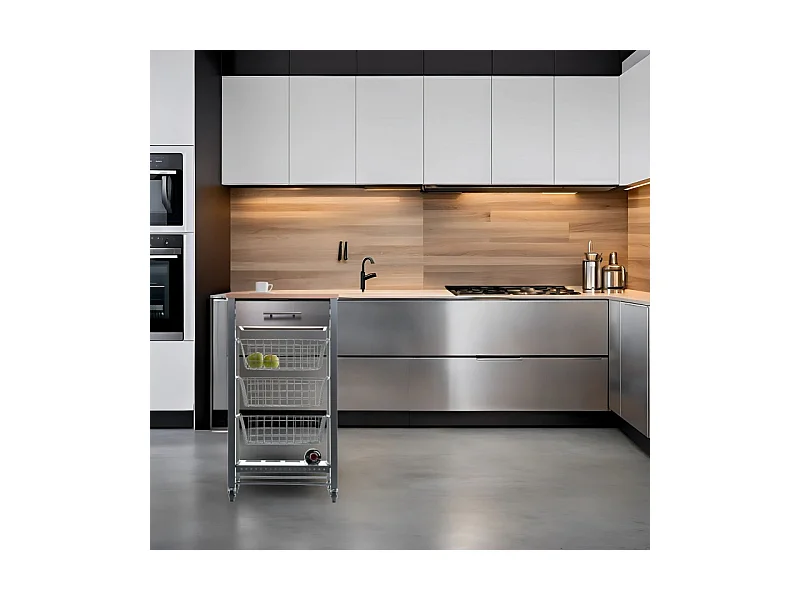 Desserte de cuisine, chariot de cuisine - Gris, Inox, Hêtre - 88,5*48*33cm. - APRIL