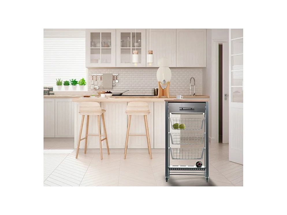 Desserte de cuisine, chariot de cuisine - Gris, Inox, Hêtre - 88,5*48*33cm. - APRIL