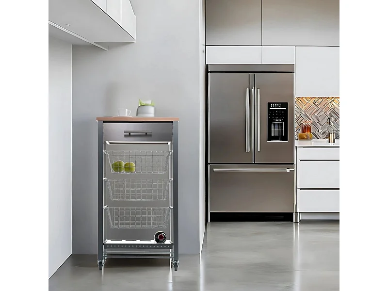 Desserte de cuisine, chariot de cuisine - Gris, Inox, Hêtre - 88,5*48*33cm. - APRIL