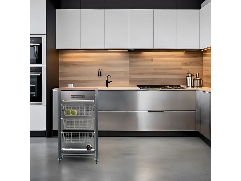 Desserte de cuisine, chariot de cuisine - Gris, Inox, Hêtre - 88,5*48*33cm. - APRIL