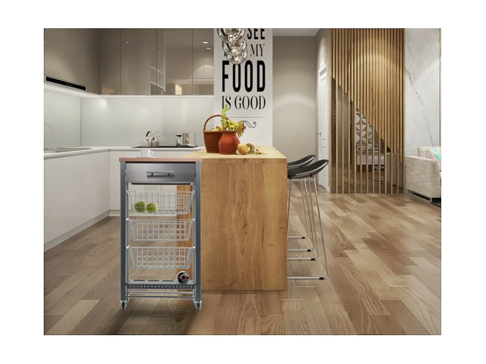 Desserte de cuisine, chariot de cuisine - Gris, Inox, Hêtre - 88,5*48*33cm. - APRIL