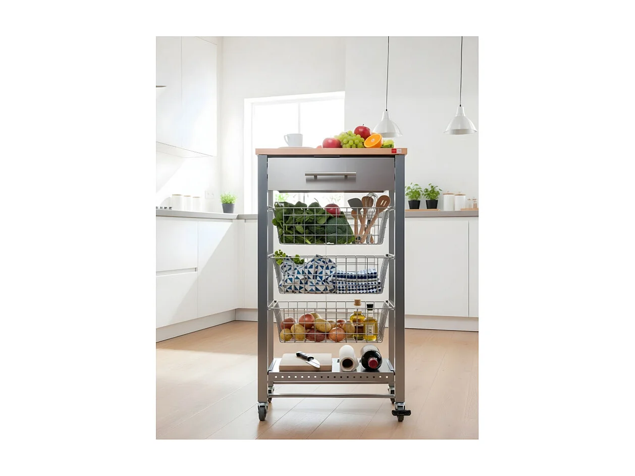 Desserte de cuisine, chariot de cuisine - Gris, Inox, Hêtre - 88,5*48*33cm. - APRIL