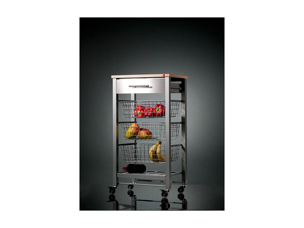 Desserte de cuisine, chariot de cuisine - Gris, Inox, Hêtre - 88,5*48*33cm. - APRIL