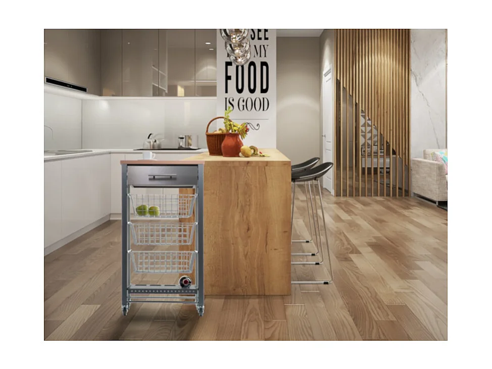 Desserte de cuisine, chariot de cuisine - Gris, Inox, Hêtre - 88,5*48*33cm. - APRIL