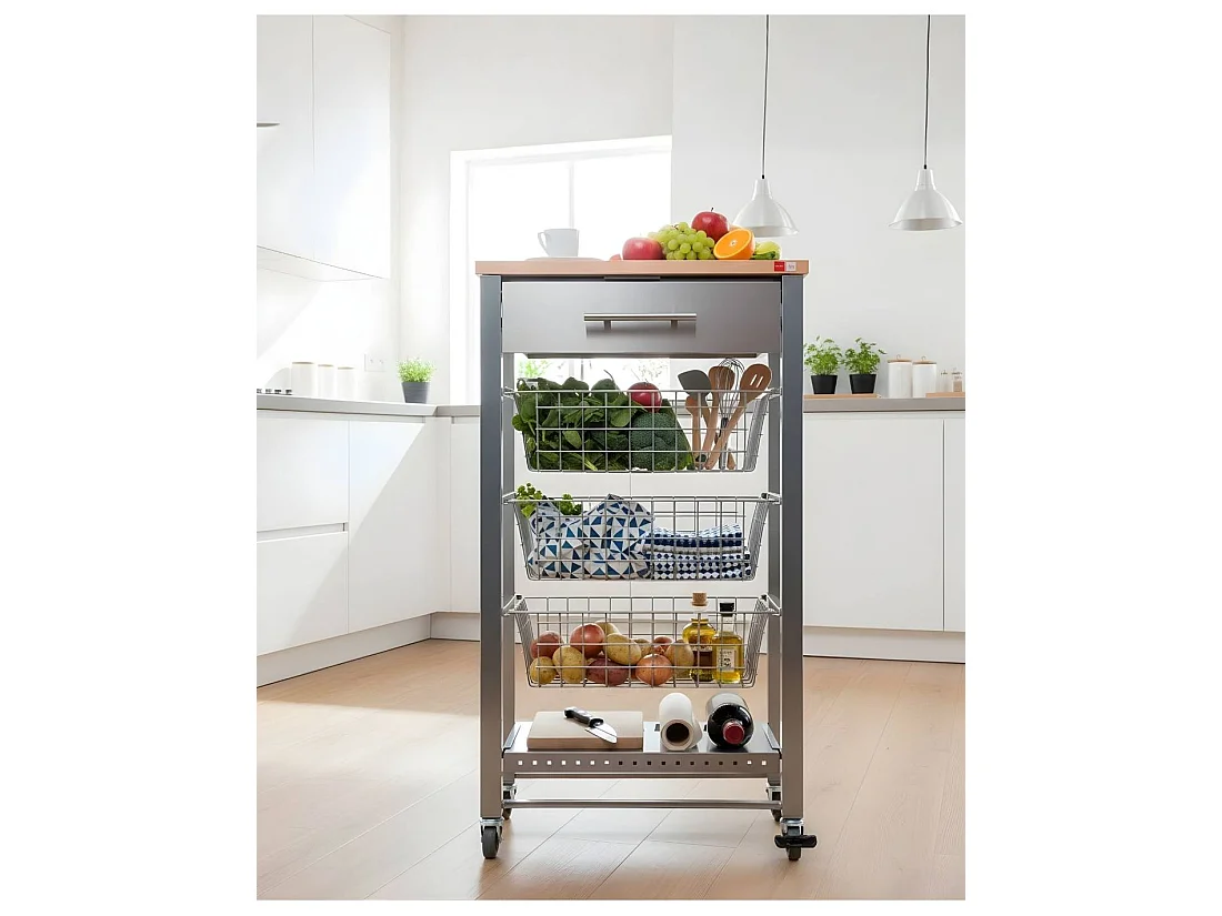 Carrito de cocina APRIL con ruedas, 3 cestas, cajón y botellero