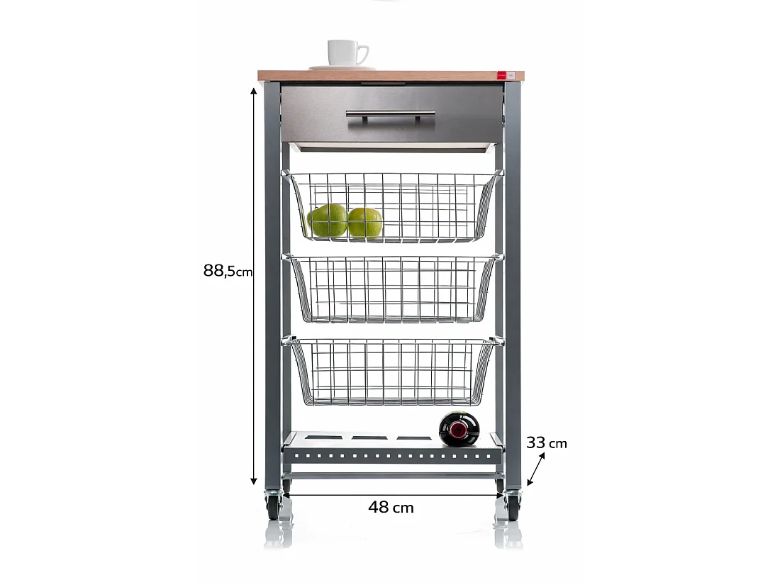 Carrito de cocina APRIL con ruedas, 3 cestas, cajón y botellero