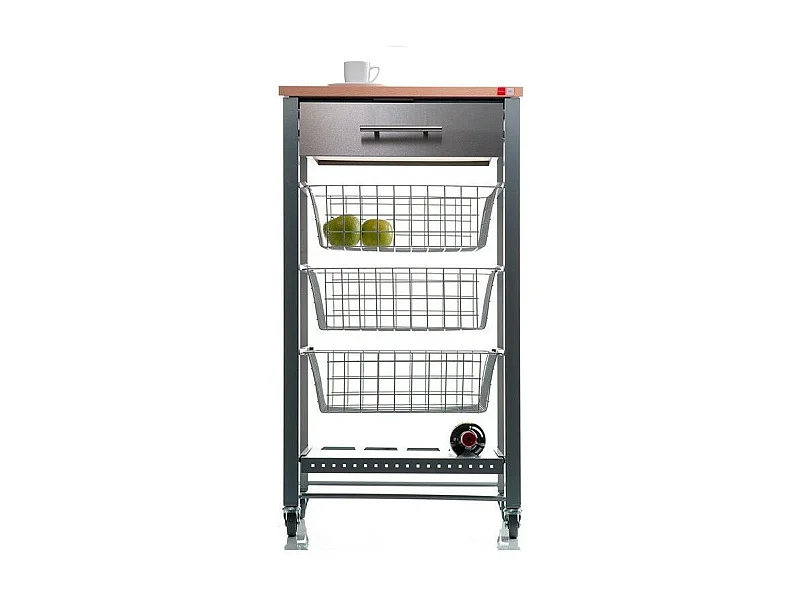 Desserte de cuisine, chariot de cuisine - Gris, Inox, Hêtre - 88,5*48*33cm. - APRIL