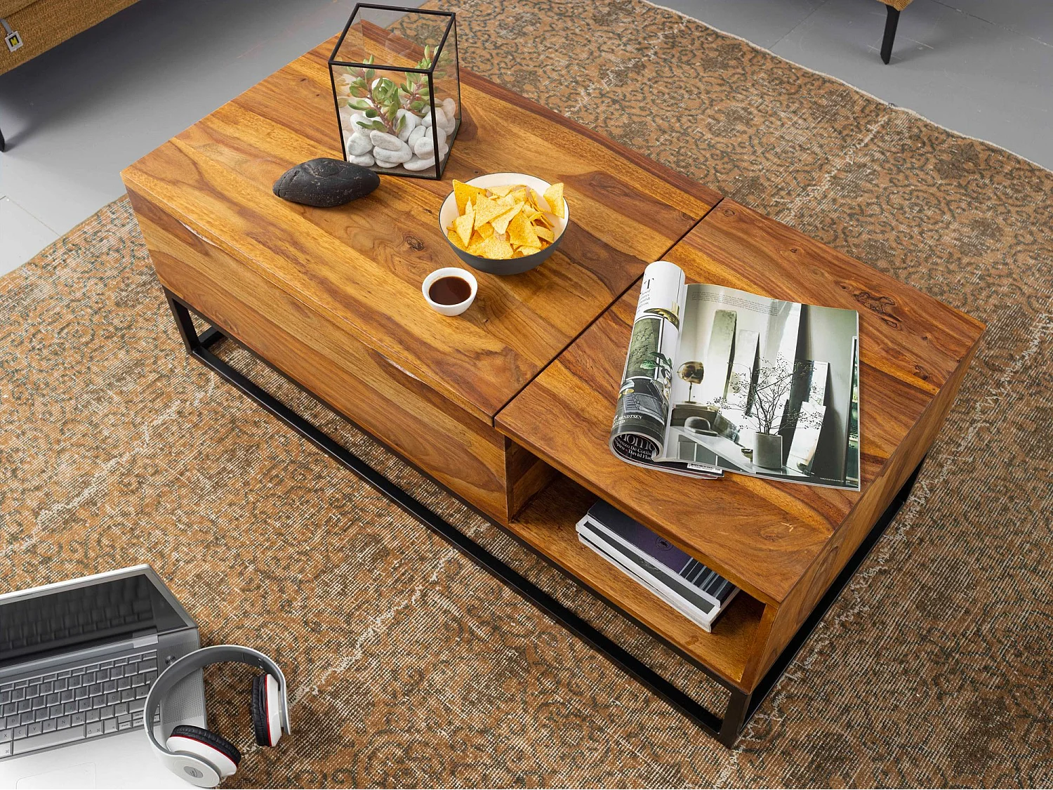 salontafel Sheesham massief houten banktafel van 110x40x50 cm met metalen poten | Salontafel tafelblad opvouwbaar | Houten tafel tafel industrieel ontwerp