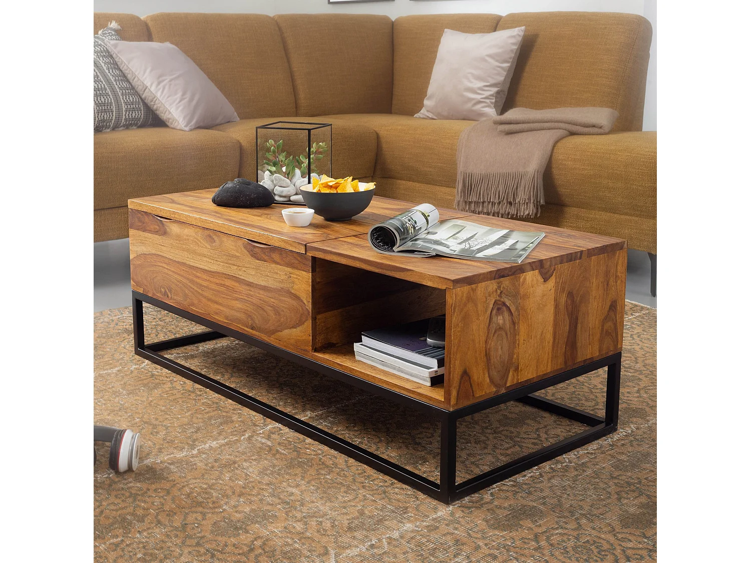 salontafel Sheesham massief houten banktafel van 110x40x50 cm met metalen poten | Salontafel tafelblad opvouwbaar | Houten tafel tafel industrieel ontwerp