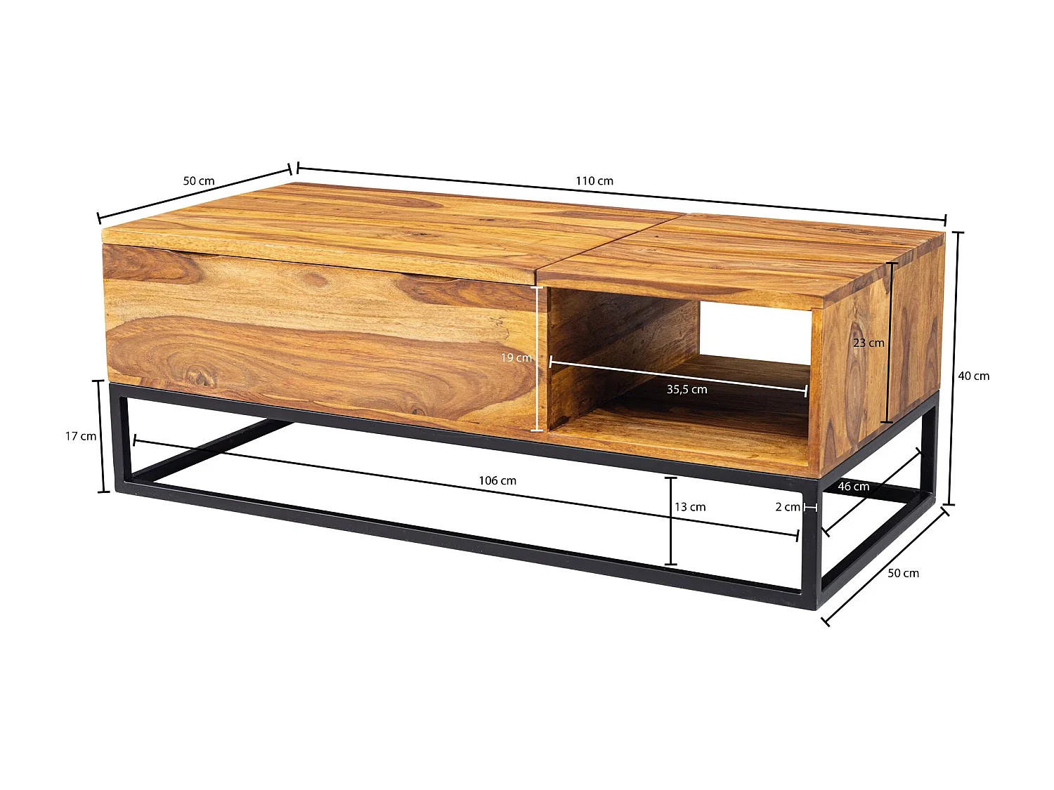 salontafel Sheesham massief houten banktafel van 110x40x50 cm met metalen poten | Salontafel tafelblad opvouwbaar | Houten tafel tafel industrieel ontwerp