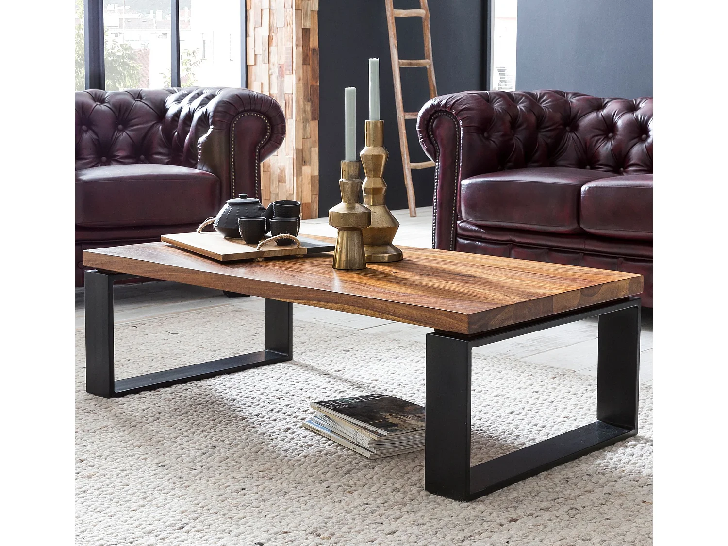 Table Basse  Wl5.650 En Bois De Sheesham  Basse En Bois Massif Solide Avec Structure En Métal