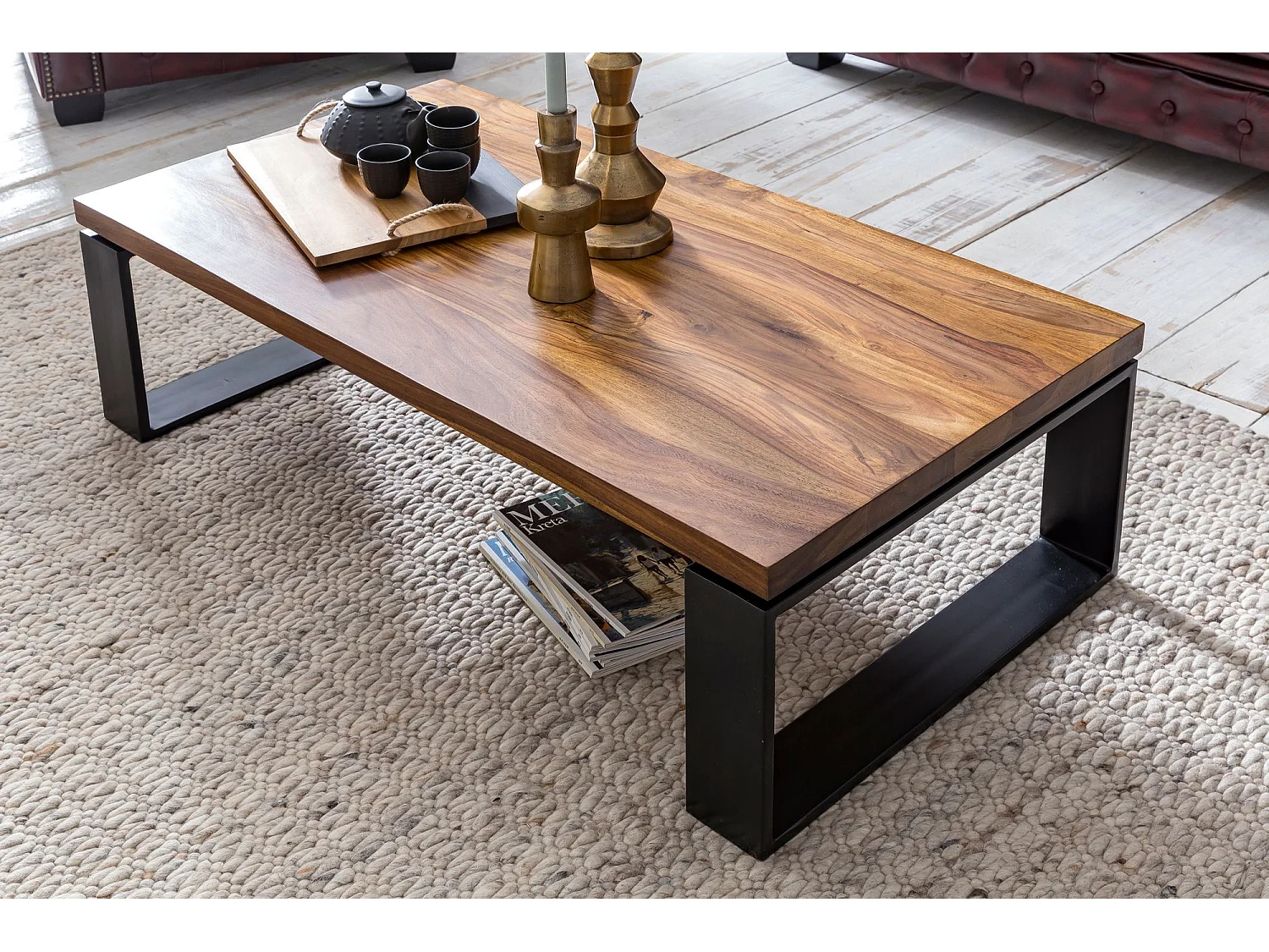 Table Basse  Wl5.650 En Bois De Sheesham  Basse En Bois Massif Solide Avec Structure En Métal