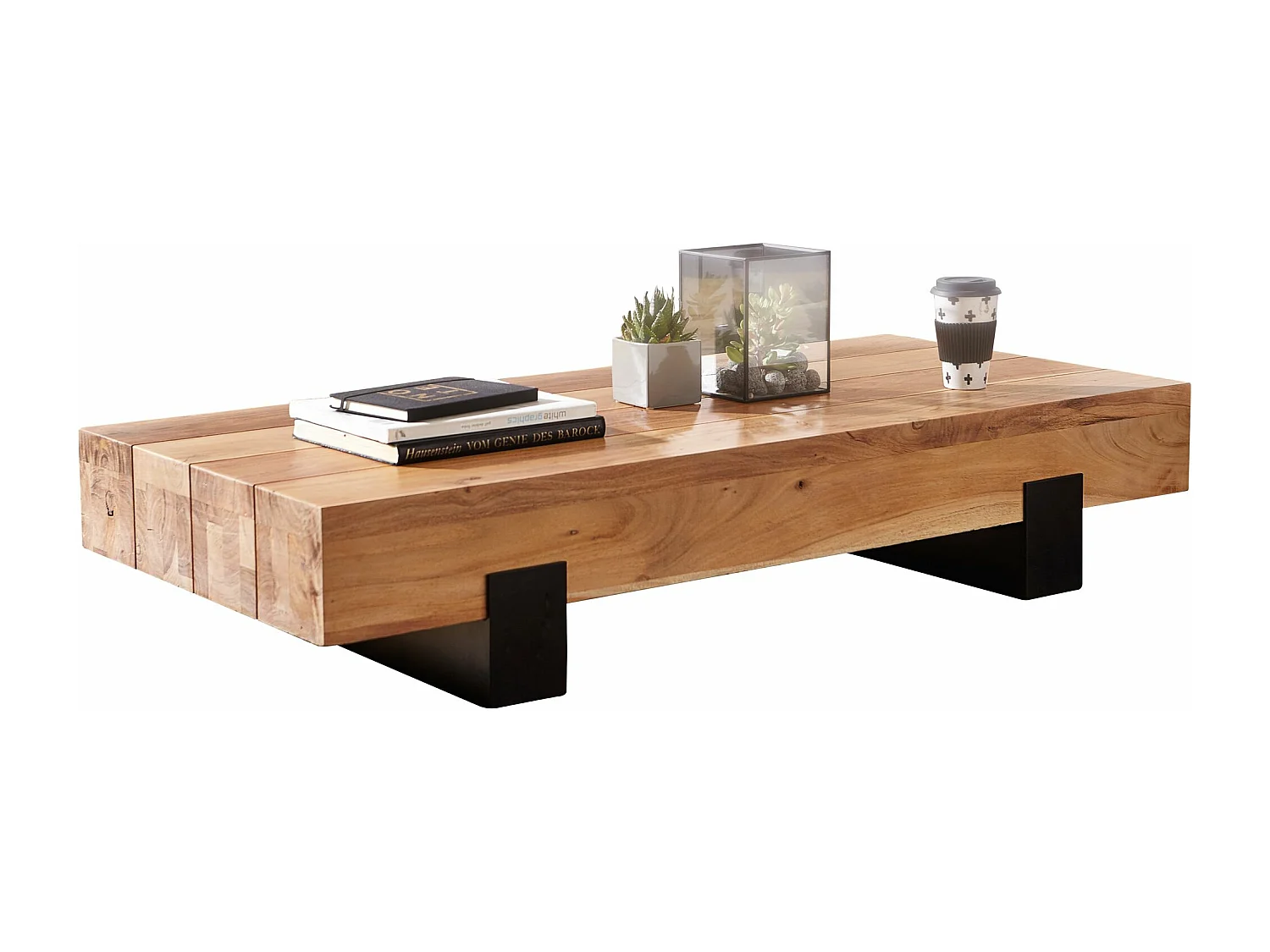 Table Basse 130x59x25 cm en Bois Massif de Acacia et Métal, Table de Salon Design Moderne, Table