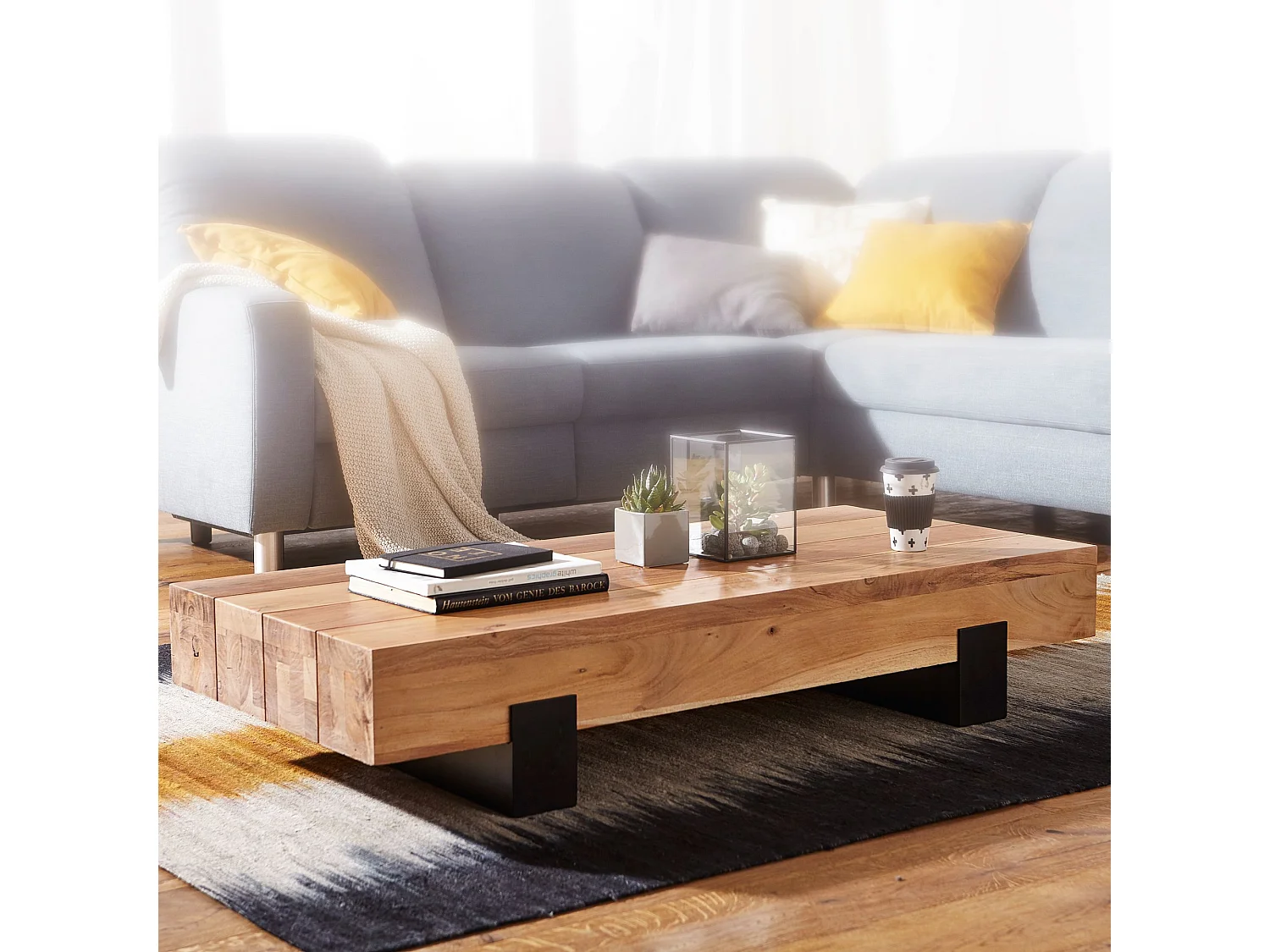 Table Basse 130x59x25 cm en Bois Massif de Acacia et Métal, Table de Salon Design Moderne, Table