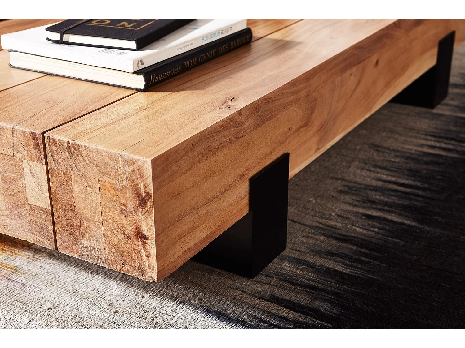 Table Basse 130x59x25 cm en Bois Massif de Acacia et Métal, Table de Salon Design Moderne, Table