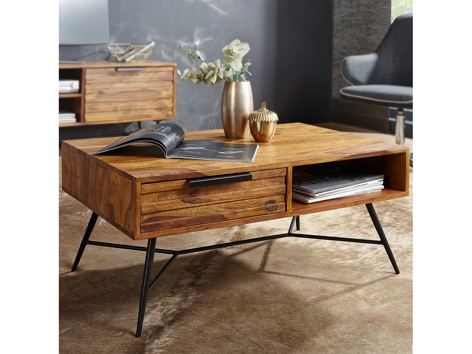 Table basse de NISHAN 87 x 41 x 55 cm Sheesham en bois massif | Table en bois design avec