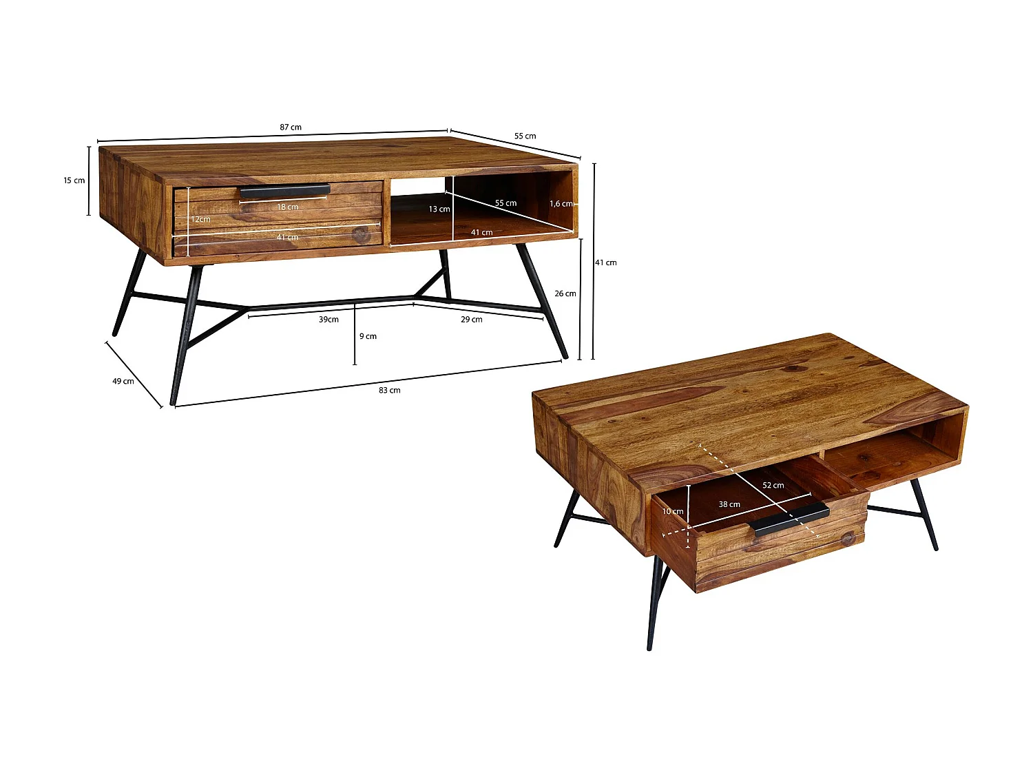 Table basse de NISHAN 87 x 41 x 55 cm Sheesham en bois massif | Table en bois design avec