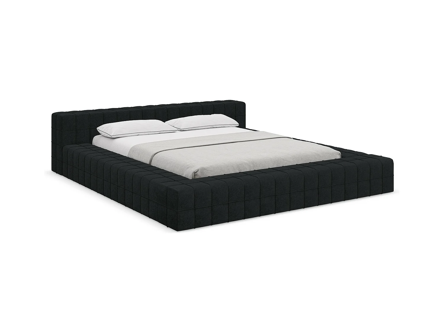 Lit capitonné en tissu bouclette 160 x 200 - noir - AKELA