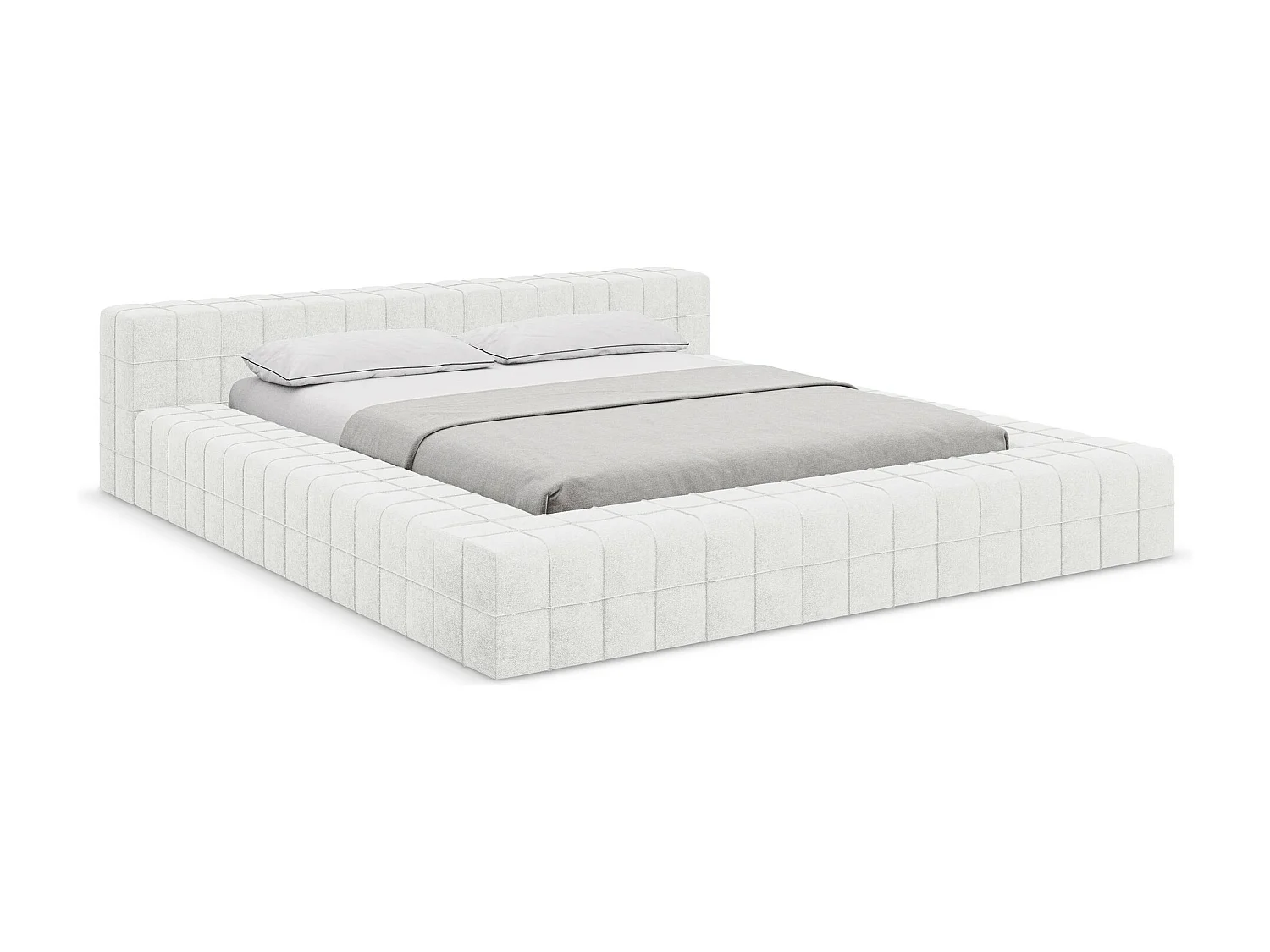 Lit capitonné en tissu bouclette 140 x 200 - blanc - AKELA