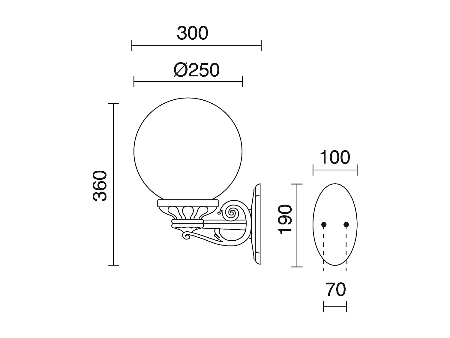INDURA GLOBO wandlamp klassieke stijl - H 30 cm x breedte 30 cm x bol ø25 cm - E27 70W - opaal bol - hars - IP55 - zwart