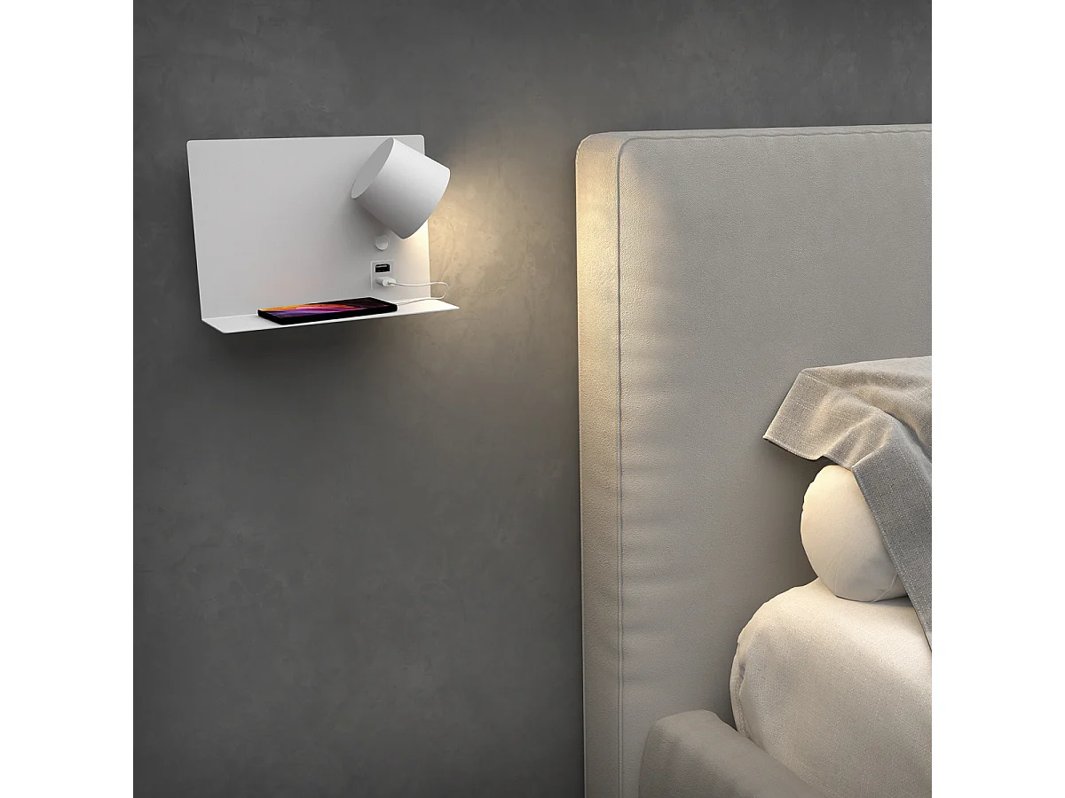 Applique Serene-led gauche 6w-732lm,3k-ip20-350º-on&off et usb-acier,blanc